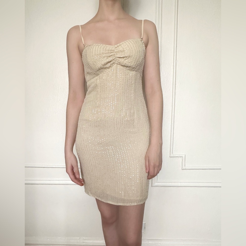 Y2K Cream Nude Beaded Mini Dress